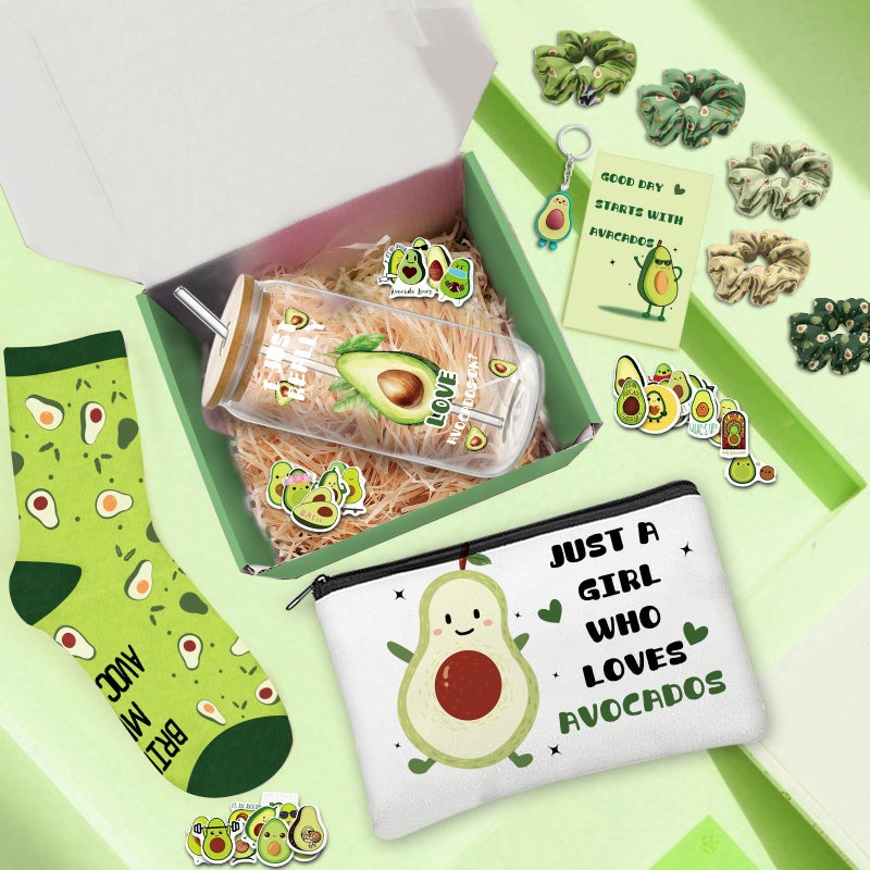 Zhirlyn Avocado Gifts for Women Avocado Themed Gifts for Avocado Lovers Include 16oz Glass Cup, Makeup Bag Socks 5 Hair Ties, Keychain & 50 Stickers for Birthday Christmas (Classic) - Image 3