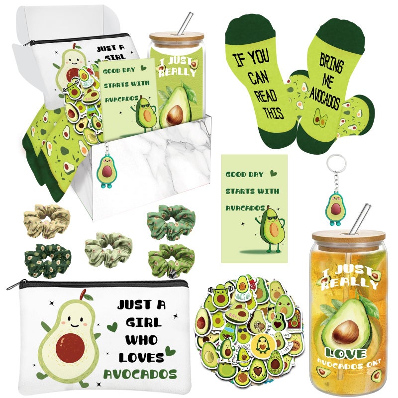 Zhirlyn Avocado Gifts for Women Avocado Themed Gifts for Avocado Lovers Include 16oz Glass Cup, Makeup Bag Socks 5 Hair Ties, Keychain & 50 Stickers for Birthday Christmas (Classic) - Image 1