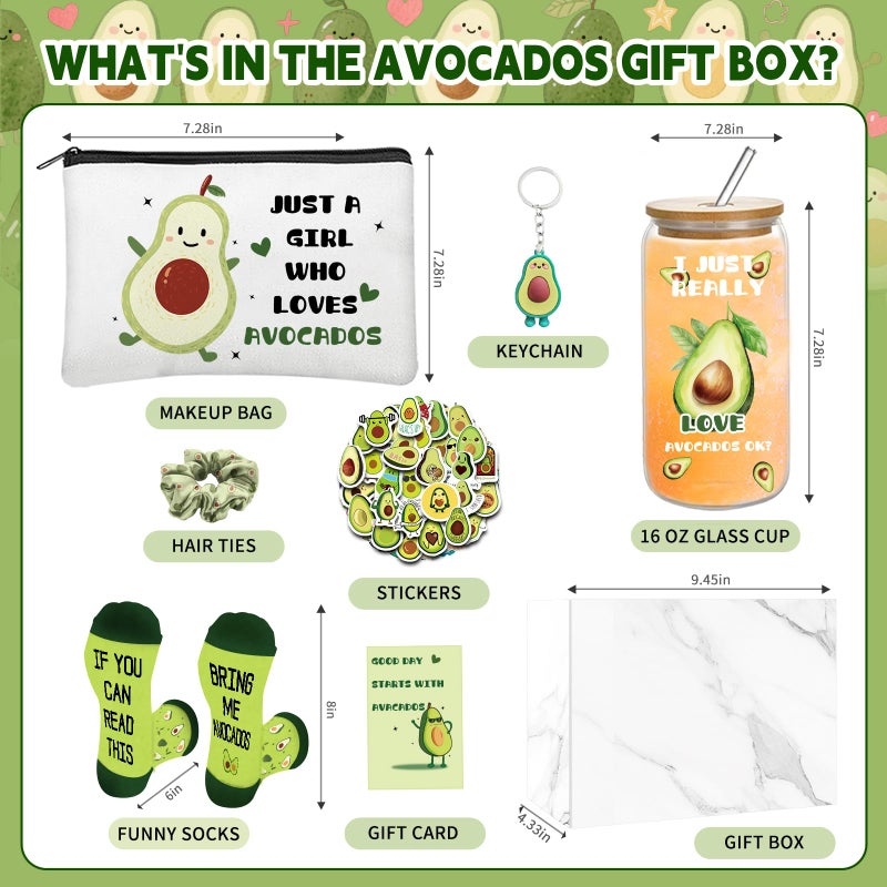 Zhirlyn Avocado Gifts for Women Avocado Themed Gifts for Avocado Lovers Include 16oz Glass Cup, Makeup Bag Socks 5 Hair Ties, Keychain & 50 Stickers for Birthday Christmas (Classic) - Image 2