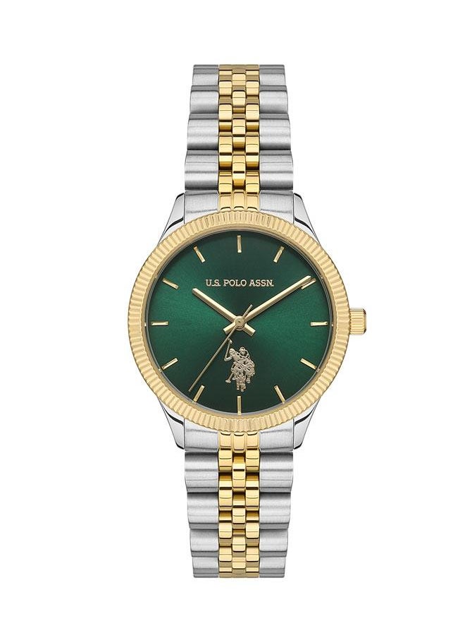 U.S. Polo Assn. U.S. Polo Assn. Fundamental 32mm Ladies' Dark Gradient Green Dial Watch with Two-Tone Gold & Silver Band - Refined Elegance  - Image 1