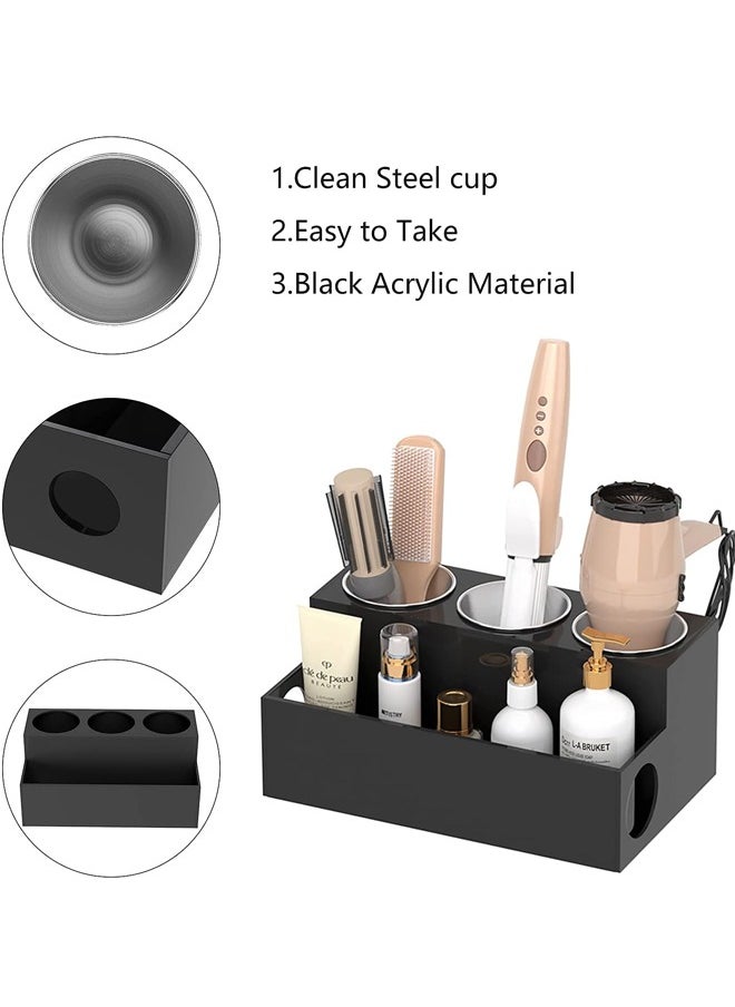 Hihonor - Hair Dryer Holder,Hair Styling Product Care Tool Organizer,Bath Supplies Accessories Tray Stand,Storage Bathroom Vanity Countertop with 3 Holes(Black) - Image 1