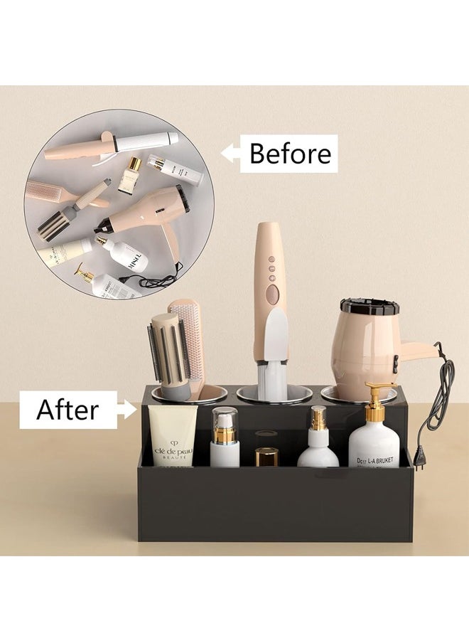 Hihonor - Hair Dryer Holder,Hair Styling Product Care Tool Organizer,Bath Supplies Accessories Tray Stand,Storage Bathroom Vanity Countertop with 3 Holes(Black) - Image 1