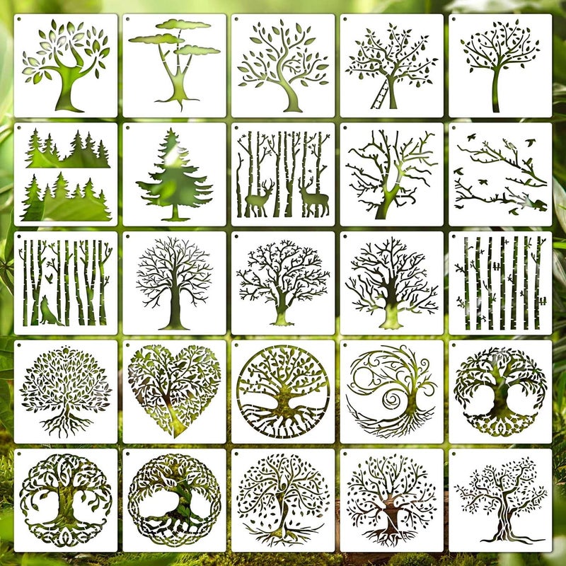 6 Inch Tree Stencils for Painting Reusable Natural Plants Stencil 25 Pieces Tree Drawing Template for Painting on Canvas Wood Wall Home DecorTree