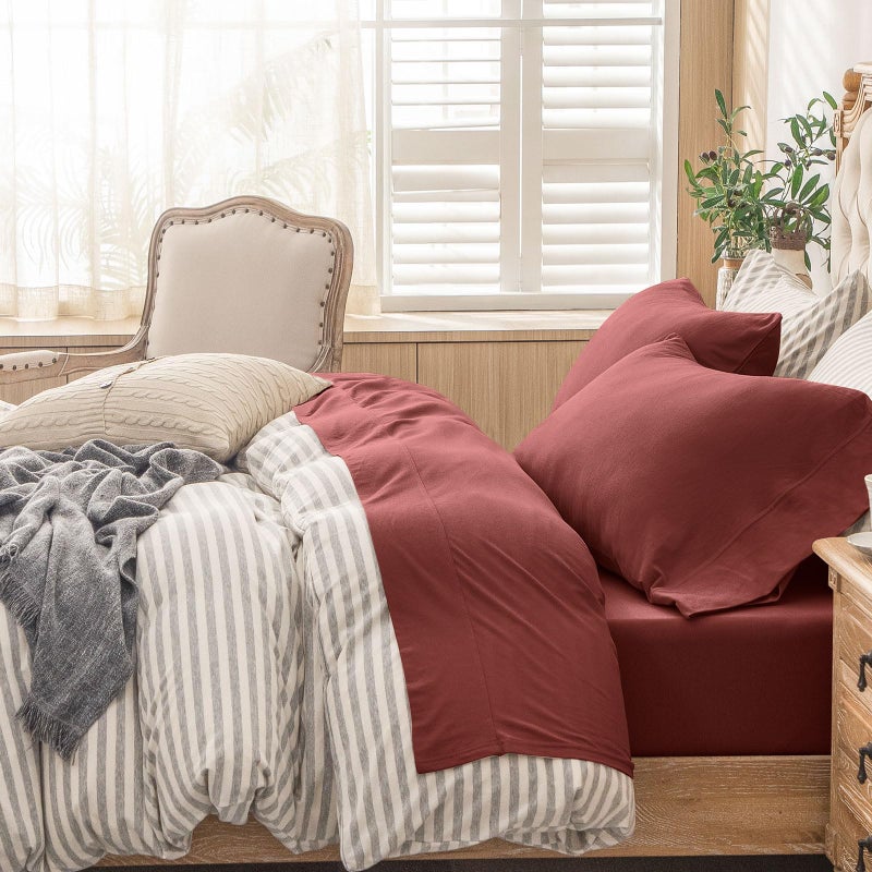 PURE ERA PURE ERA Jersey Knit 4pc Bed Sheet Set 100% T-Shirt Cotton Super Soft Comfy Breathable Fits Mattress Up to 20"" Extra Deep Pocket (Solid Brick Red  King)  - Image 1