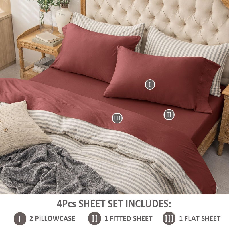 PURE ERA PURE ERA Jersey Knit 4pc Bed Sheet Set 100% T-Shirt Cotton Super Soft Comfy Breathable Fits Mattress Up to 20"" Extra Deep Pocket (Solid Brick Red  King)  - Image 2