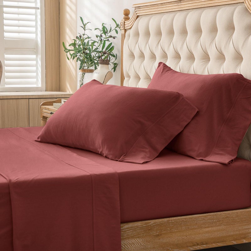 PURE ERA PURE ERA Jersey Knit 4pc Bed Sheet Set 100% T-Shirt Cotton Super Soft Comfy Breathable Fits Mattress Up to 20"" Extra Deep Pocket (Solid Brick Red  King)  - Image 5