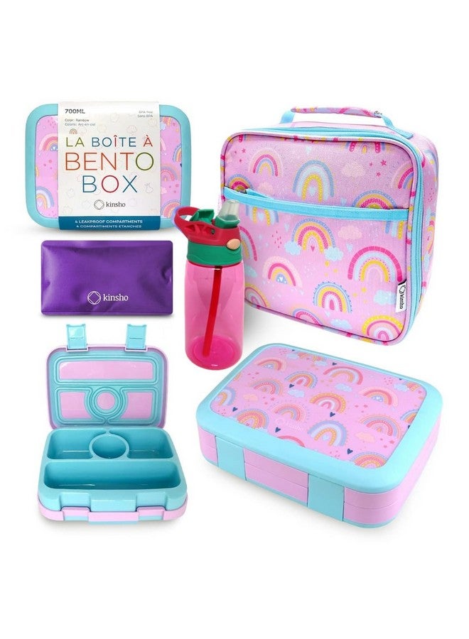 Kinsho Bento Lunch Box with Insulated Bag, Water Bottle & Ice Pack Set for Kids Toddlers, 4 Portion Sections, Removable Tray, Pre-School Girl Kid Toddler Daycare Lunches, Snack Container, Purple Rainbow - Image 1