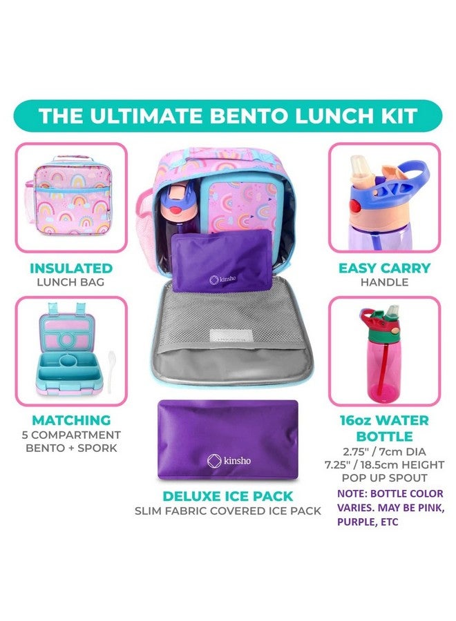 Kinsho Bento Lunch Box with Insulated Bag, Water Bottle & Ice Pack Set for Kids Toddlers, 4 Portion Sections, Removable Tray, Pre-School Girl Kid Toddler Daycare Lunches, Snack Container, Purple Rainbow - Image 2