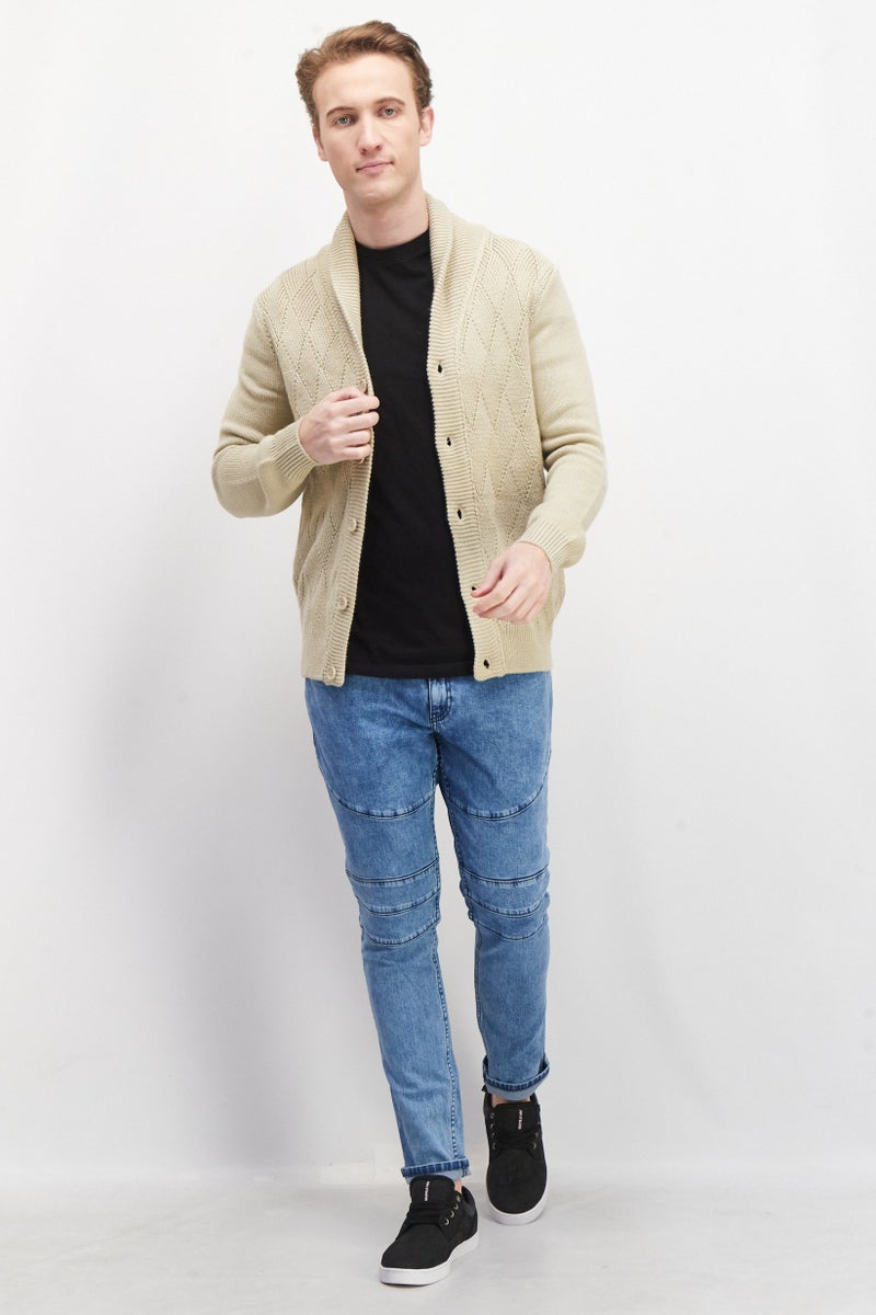 Celio Men V Neck Long Sleeve Knitted Cardigans, Beige  - Image 4