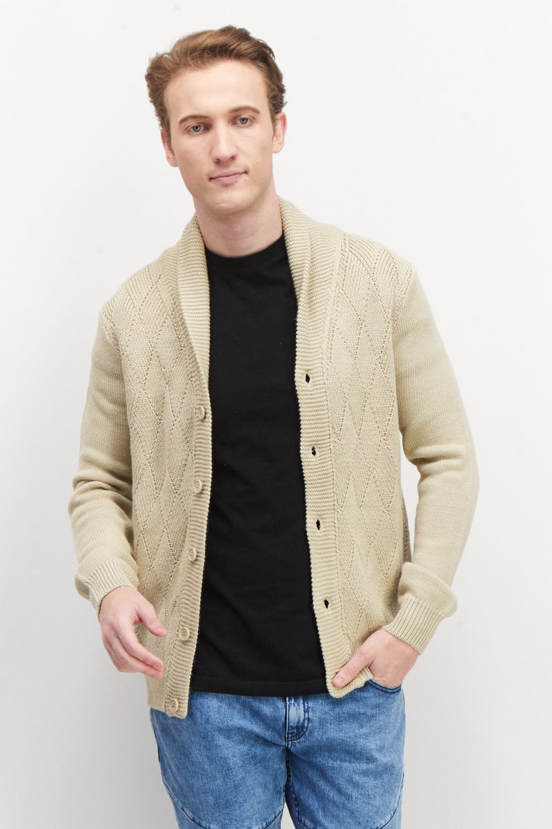 Celio Men V Neck Long Sleeve Knitted Cardigans, Beige  - Image 1