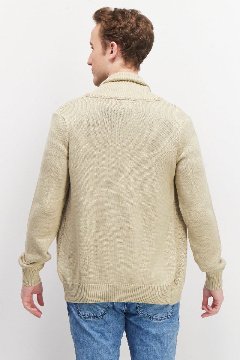 Celio Men V Neck Long Sleeve Knitted Cardigans, Beige  - Image 3