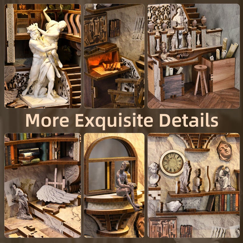 CCCDF DIY Book Nook Kit, 3D Wooden Puzzle for Adults, Teens, DIY Miniature Dollhouse Booknook Kit Bookend Bookshelf Insert Decor with LED Light (Bernini's Sculpture Workshop) - Image 3