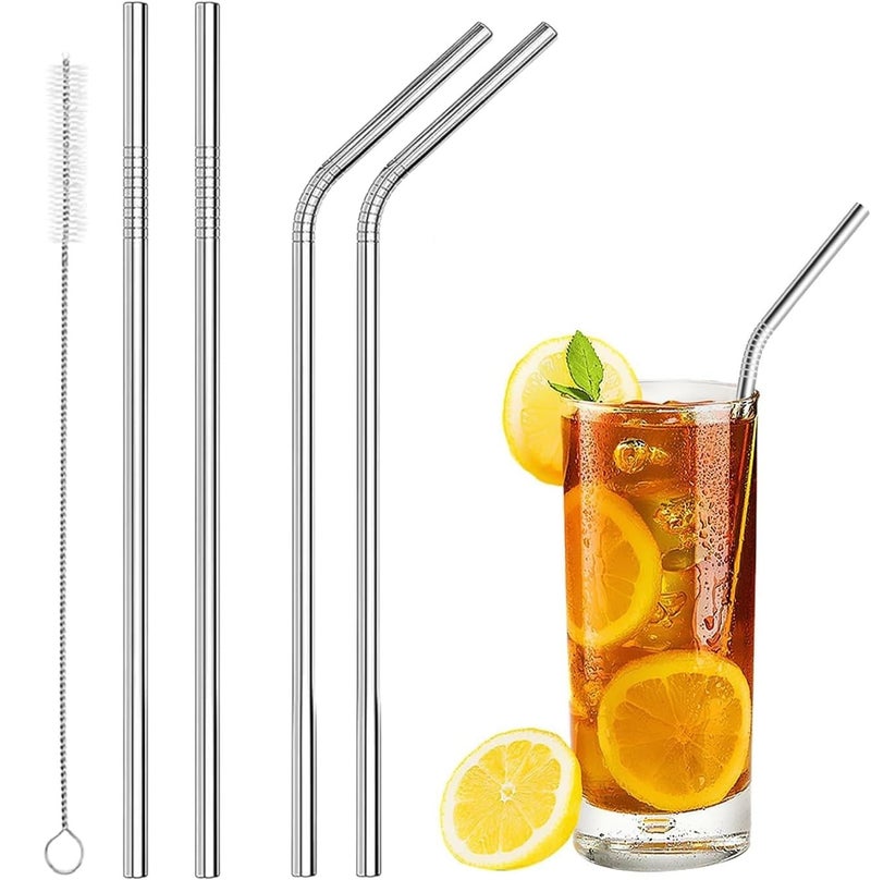 4 Stainless Steel Straws - with Cleaning Brush - for Cocktails, Drinks, Juices - Reusable - Silver - Image 1