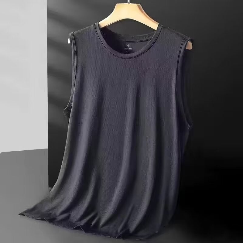 Mens Ice Silk Tank Top Summer Loose Gym Sleeveless T-shirt dark gray