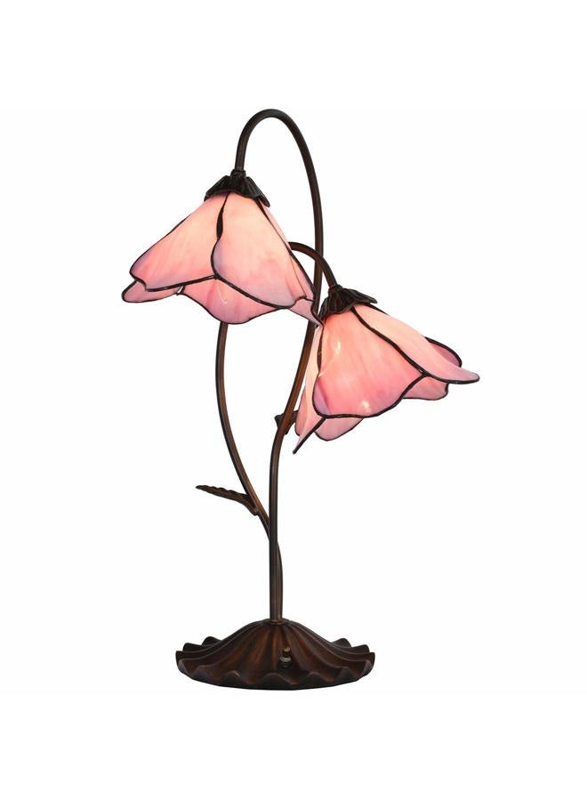 Bieye L10811 Flower Tiffany Style Stained Glass Table Lamp with 8-inch Wide Bent Glass Lampshade Lily Pad Base (2-Light, Pink) - Image 1