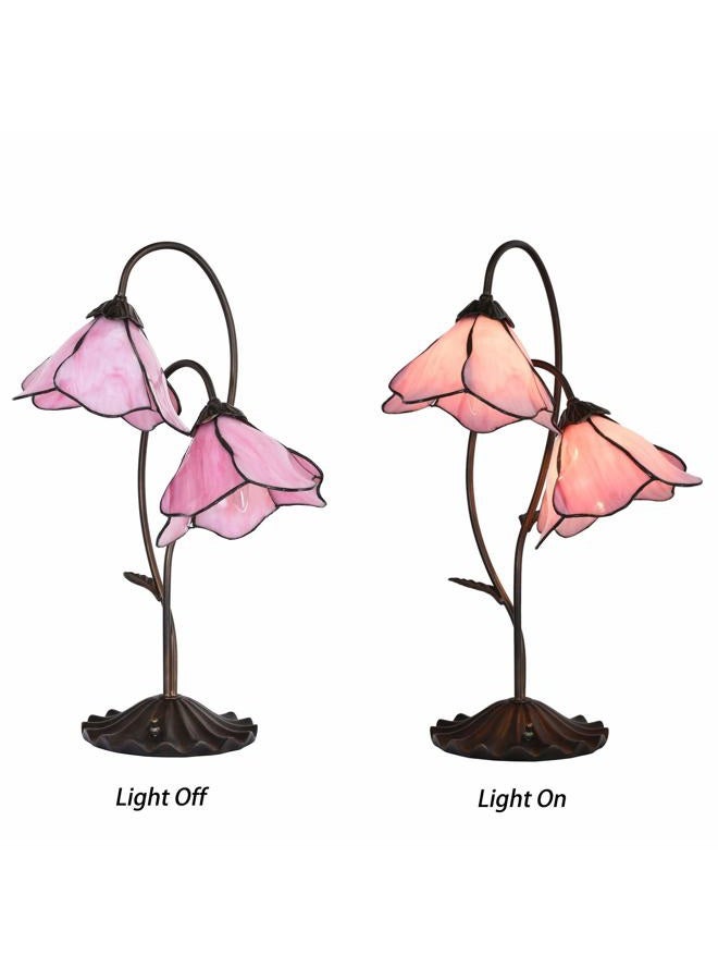 Bieye L10811 Flower Tiffany Style Stained Glass Table Lamp with 8-inch Wide Bent Glass Lampshade Lily Pad Base (2-Light, Pink) - Image 2