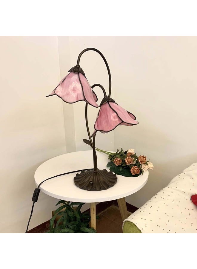 Bieye L10811 Flower Tiffany Style Stained Glass Table Lamp with 8-inch Wide Bent Glass Lampshade Lily Pad Base (2-Light, Pink) - Image 5