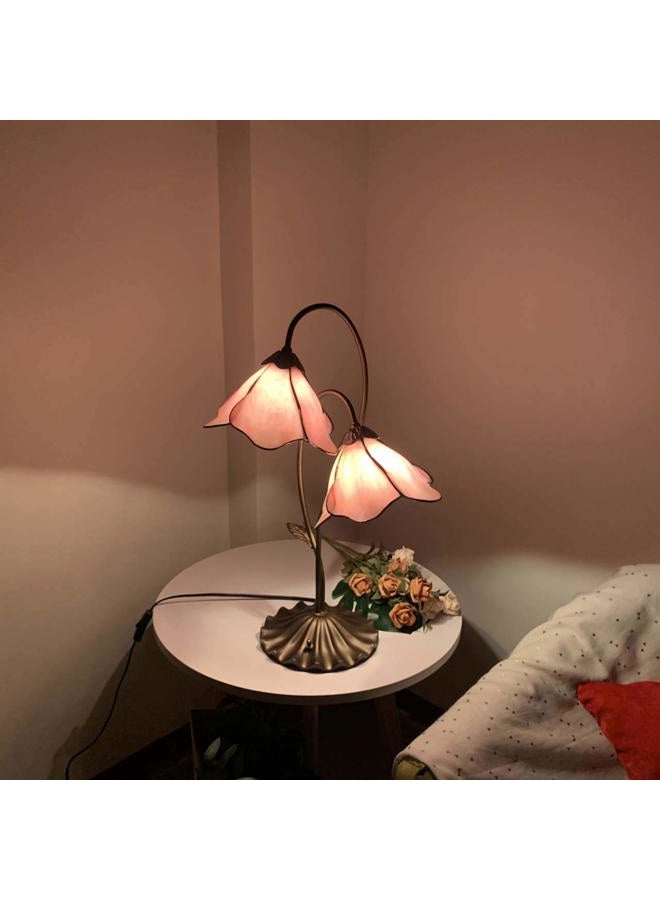 Bieye L10811 Flower Tiffany Style Stained Glass Table Lamp with 8-inch Wide Bent Glass Lampshade Lily Pad Base (2-Light, Pink) - Image 3