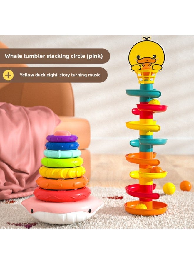 Rainbow Tower Jengle Baby Toys Children's Educational Early Education 0-1 Year Old Baby Large Tumbler Folding Ring-Color:[Pink] Whale Tumbler Stacking Ring✨Yellow Duck Eight-layer Transfer - Image 1