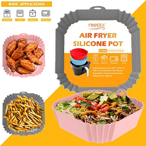 FROVEN 8 Inch Square Silicone Air Fryer Liners (2 Pack) Pink & Grey Reusable Non-Stick Inserts with Handles for Mess-Free Cooking & Heat Resistance – For Airfryer Ninja COSORI Instant Vortex & More - Image 3