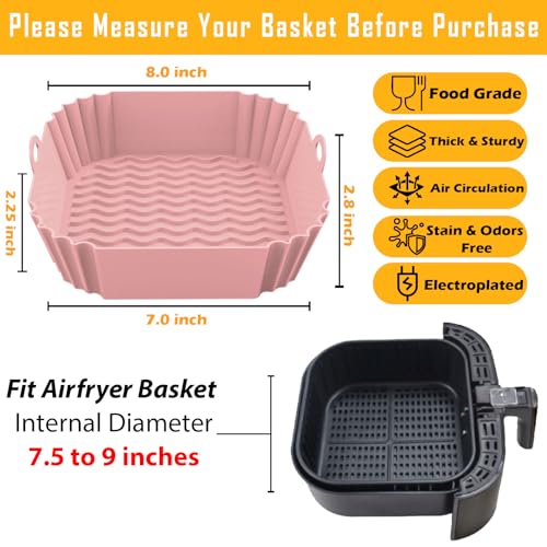 FROVEN 8 Inch Square Silicone Air Fryer Liners (2 Pack) Pink & Grey Reusable Non-Stick Inserts with Handles for Mess-Free Cooking & Heat Resistance – For Airfryer Ninja COSORI Instant Vortex & More - Image 2