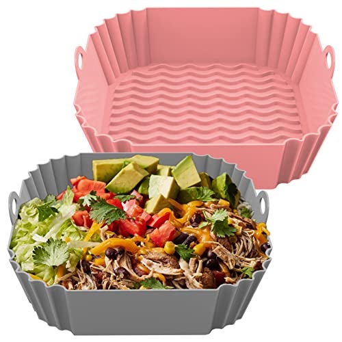 FROVEN 8 Inch Square Silicone Air Fryer Liners (2 Pack) Pink & Grey Reusable Non-Stick Inserts with Handles for Mess-Free Cooking & Heat Resistance – For Airfryer Ninja COSORI Instant Vortex & More - Image 1
