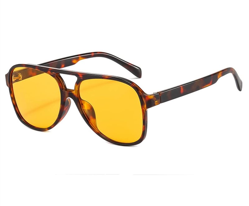 IKUVNA Vintage Aviator Sunglasses for Women Men 70s Glasses Retro Oversized Yellow Lens Shades (Leopard Yellow) - Image 1