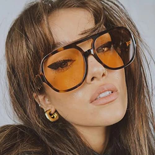 IKUVNA Vintage Aviator Sunglasses for Women Men 70s Glasses Retro Oversized Yellow Lens Shades (Leopard Yellow) - Image 4