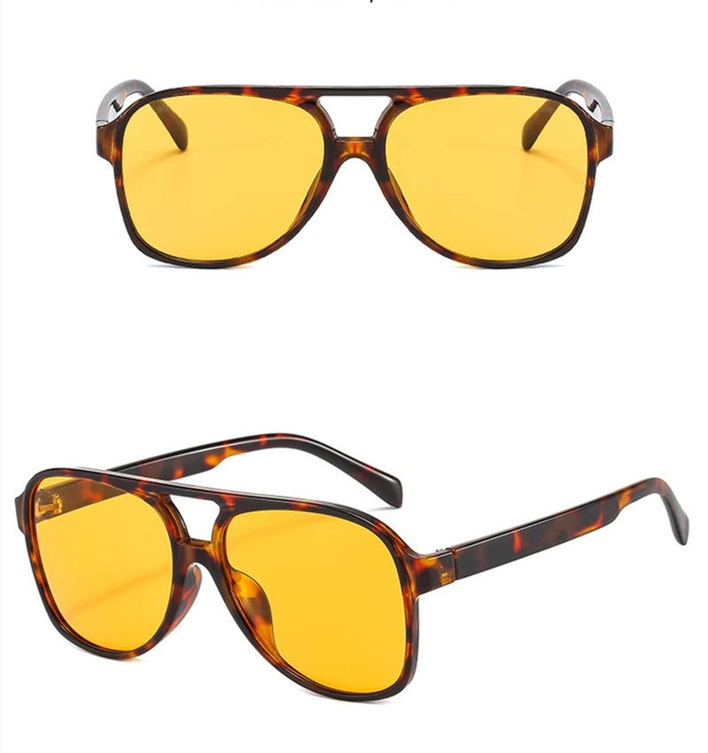 IKUVNA Vintage Aviator Sunglasses for Women Men 70s Glasses Retro Oversized Yellow Lens Shades (Leopard Yellow) - Image 3