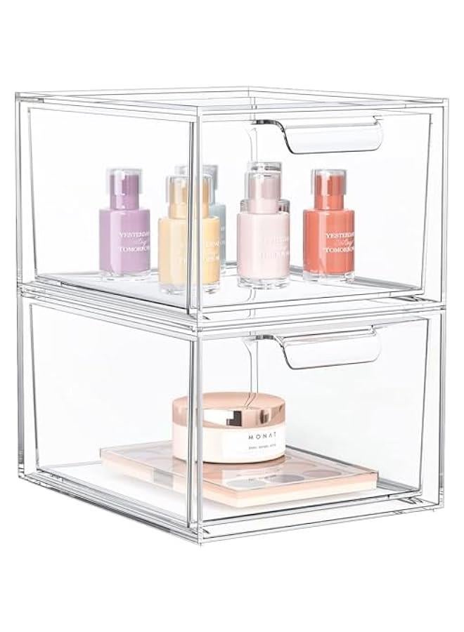 HOOKOR Stackable Makeup Organizer and Storage, Acrylic Organizers，Clear Plastic Storage Drawer with Handles for Vanity, Undersink, Kitchen Cabinets, Pantry (2Pack) - Image 1