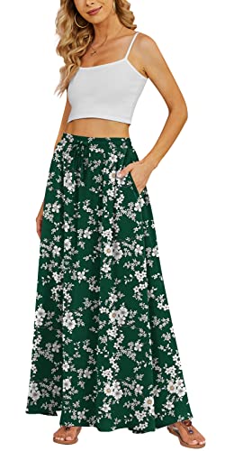 Yincro Women's Flowy Maxi Skirt Summer Pleated High Waisted Casual Long Skirts with Pockets (White Flower Green, S) - Image 1