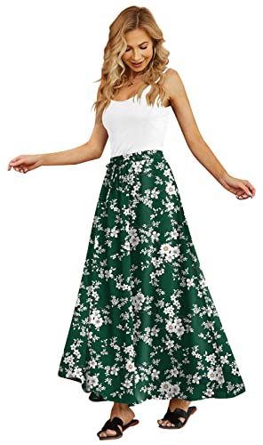 Yincro Women's Flowy Maxi Skirt Summer Pleated High Waisted Casual Long Skirts with Pockets (White Flower Green, S) - Image 3