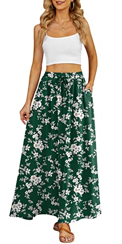 Yincro Women's Flowy Maxi Skirt Summer Pleated High Waisted Casual Long Skirts with Pockets (White Flower Green, S) - Image 2