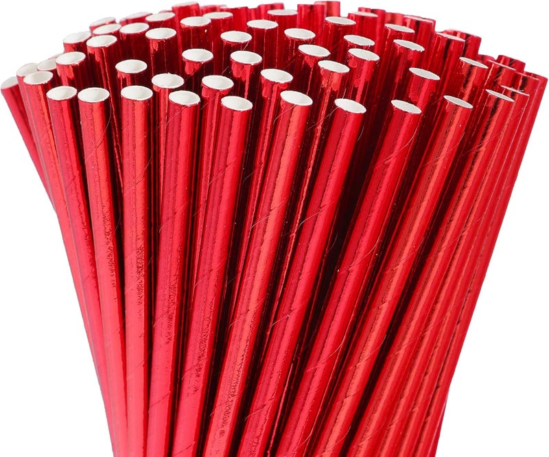 Visen 100 Pack Red Paper Straws,Biodegradable Red Straws,Disposable Paper Drinking Straws,Cake Pop Sticks,Foil Paper Straws for Birthday Bridal/Baby Shower Wedding Party Supplies Decorations - Image 1