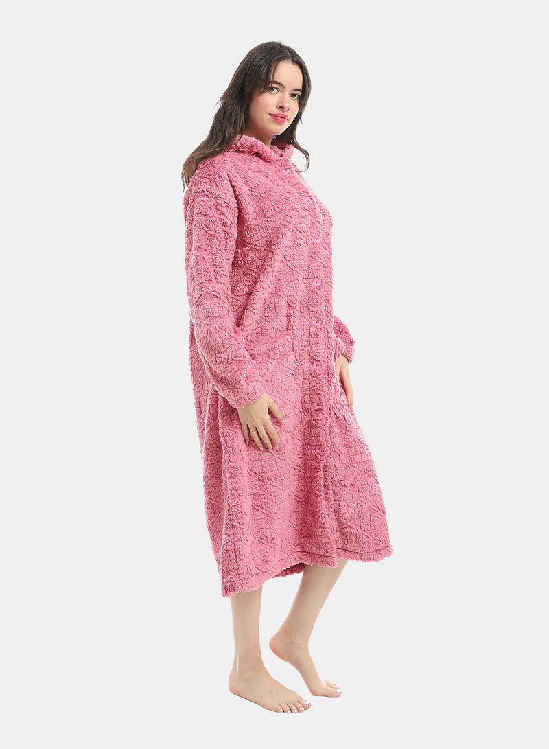 Andora Kashmir Hooded Textured Velvet Sleepshirt_Pink - Image 3