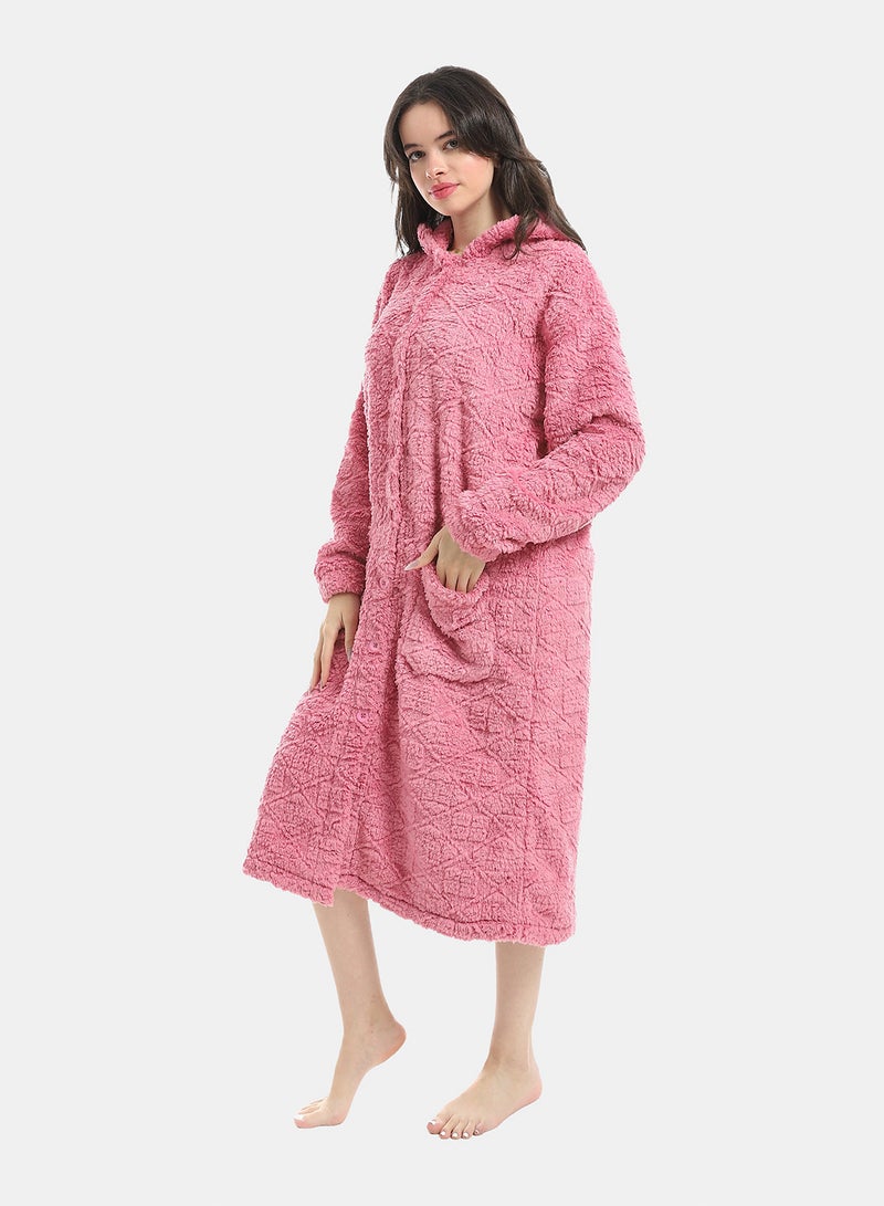Andora Kashmir Hooded Textured Velvet Sleepshirt_Pink - Image 4