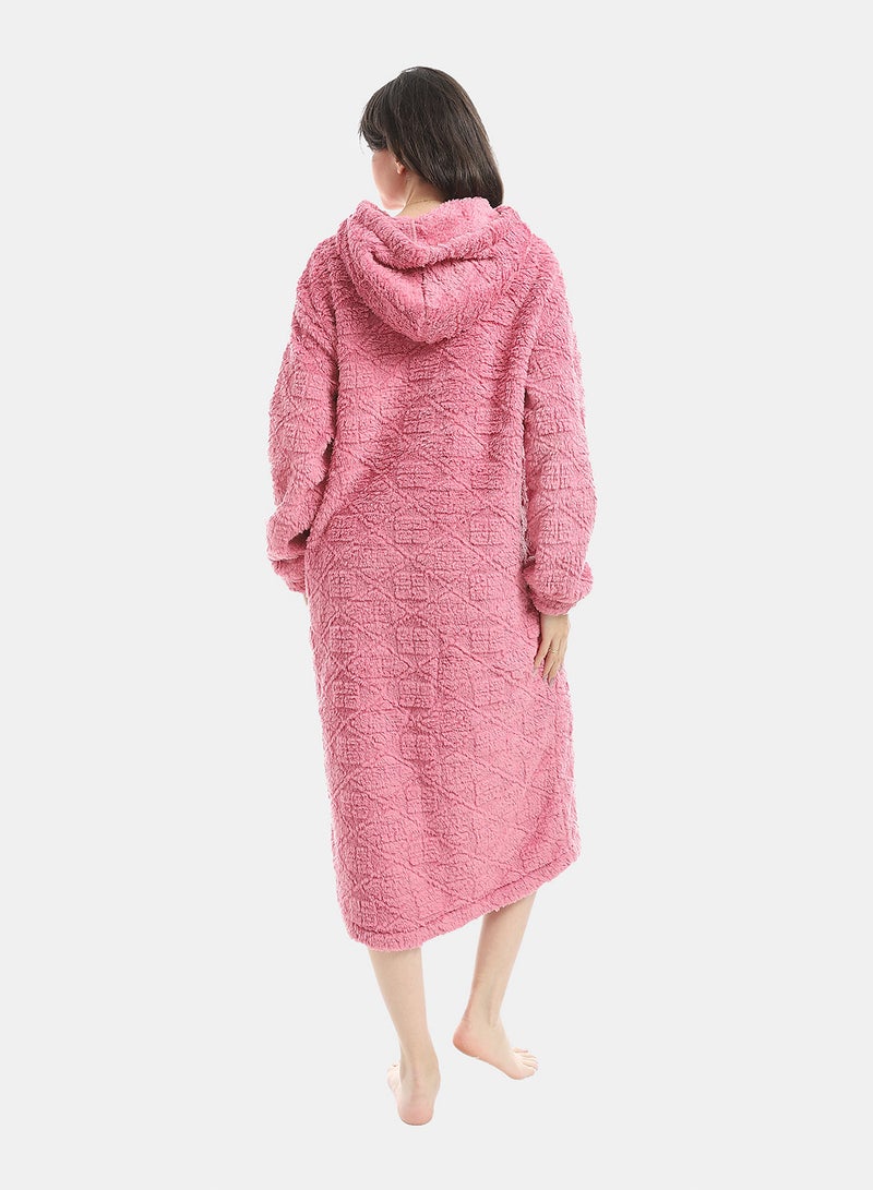 Andora Kashmir Hooded Textured Velvet Sleepshirt_Pink - Image 2
