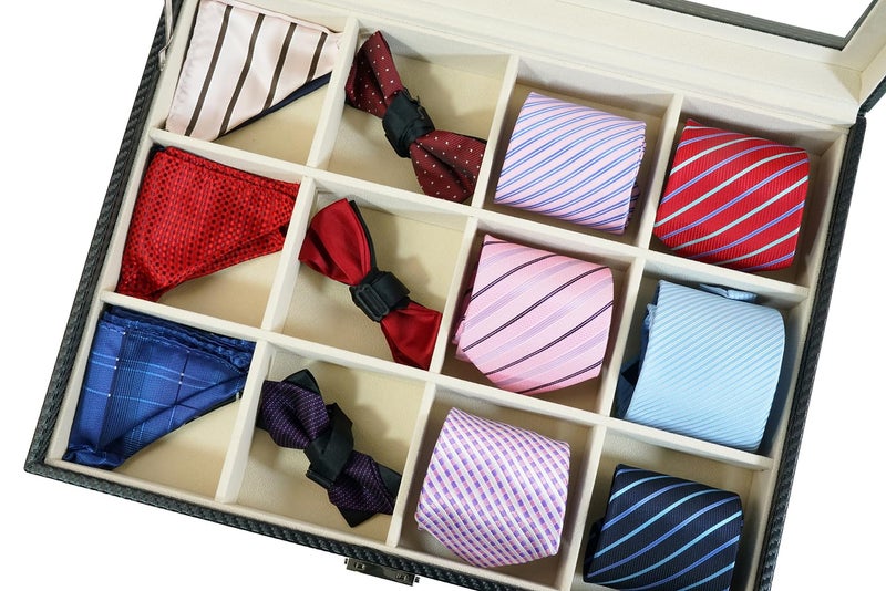 TimelyBuys Tie Display Case for 12 Ties, Belts, and Men's Accessories Black Carbon Fiber Storage Box Father's Day - Image 3