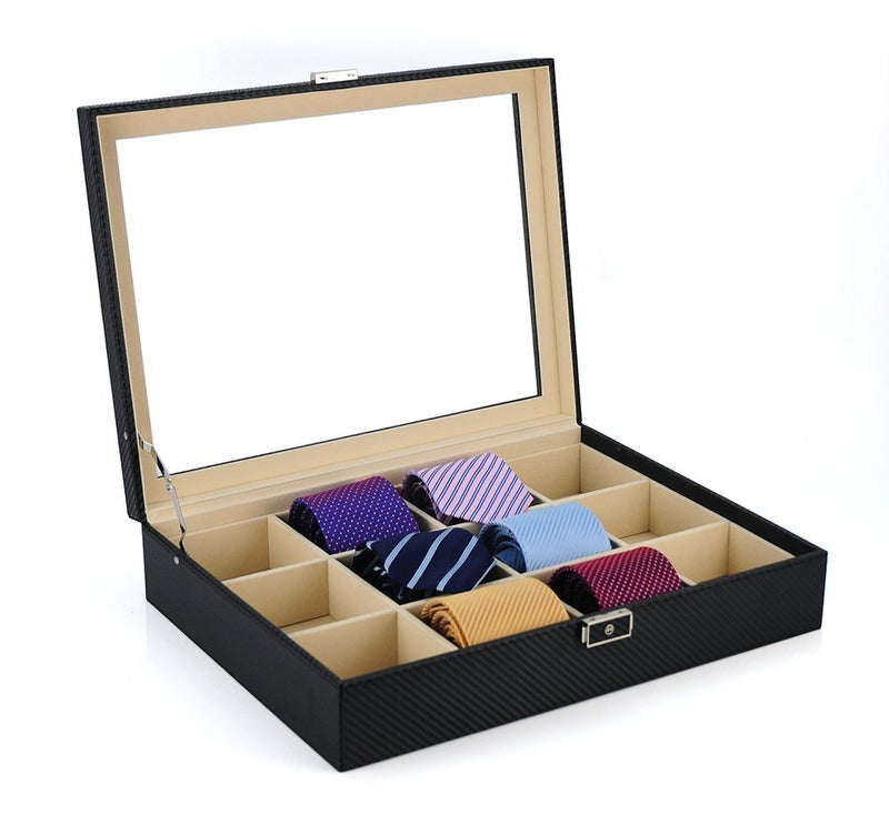 TimelyBuys Tie Display Case for 12 Ties, Belts, and Men's Accessories Black Carbon Fiber Storage Box Father's Day - Image 1