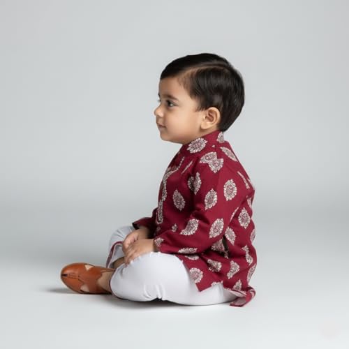 mustmom Baby Boy Rayon Printed Kurta Dhoti Set |Traditional Full Sleeve Panjabi Indian Ethnic Dress, Maroon| Rice Ceremony, 6-12 Month - Image 4