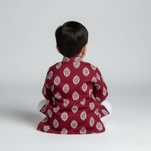 mustmom Baby Boy Rayon Printed Kurta Dhoti Set |Traditional Full Sleeve Panjabi Indian Ethnic Dress, Maroon| Rice Ceremony, 6-12 Month - Image 3