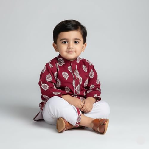 mustmom Baby Boy Rayon Printed Kurta Dhoti Set |Traditional Full Sleeve Panjabi Indian Ethnic Dress, Maroon| Rice Ceremony, 6-12 Month - Image 2