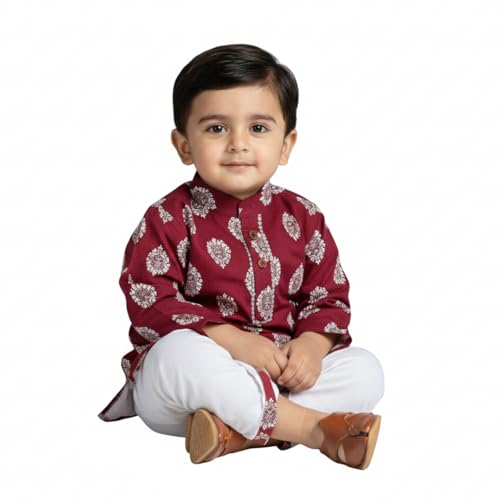 mustmom Baby Boy Rayon Printed Kurta Dhoti Set |Traditional Full Sleeve Panjabi Indian Ethnic Dress, Maroon| Rice Ceremony, 6-12 Month - Image 1