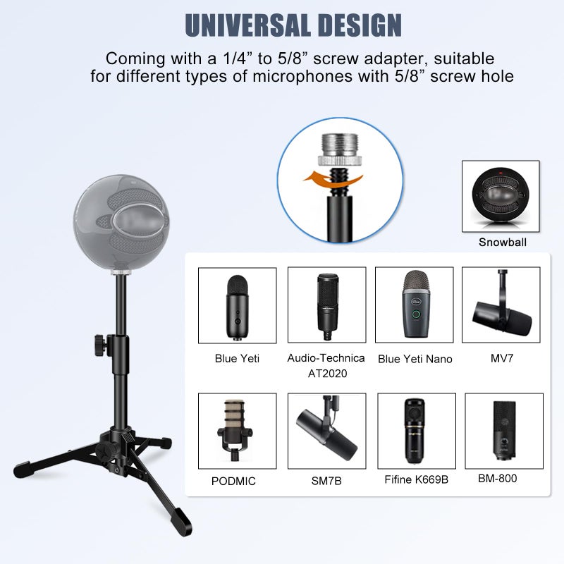 JCWINY Desk Mic Stand, JCWINY Portable Foldable Microphone Tripod with Mic Clip Holder Adjustable Table Microphone Stand for Blue Yeti Snowball Spark and Other Dynamic Microphones - Image 5