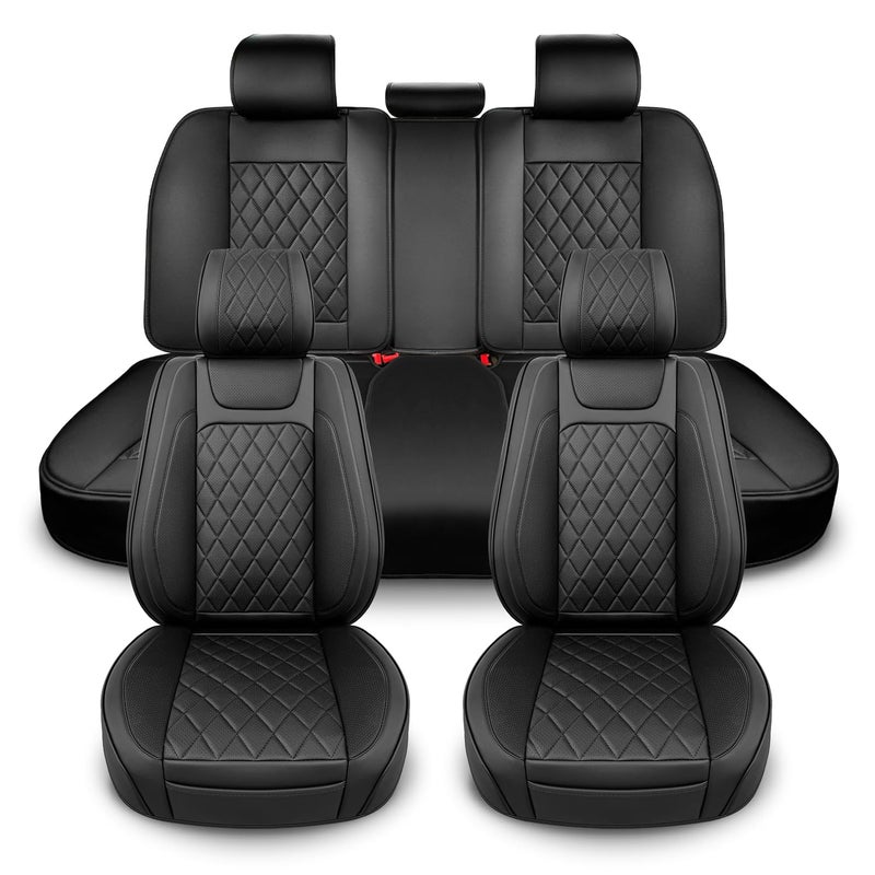BEITK Leather Car Seat Covers Full Set,Unique Rear Design Easy to Install Car Seat Cover Protectors,Universal Full Surround Front Back Auto Seat Cover,Car Seat Cover for Sedan Cars Pick-up Trucks SUV - Image 1