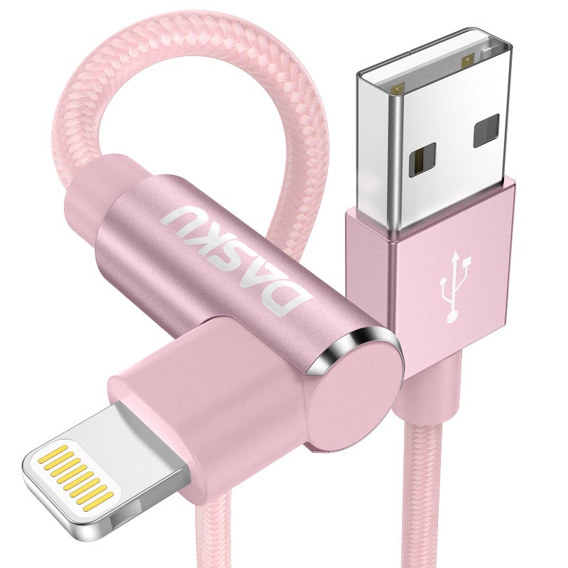 Dasku 2 Pack 90 Degree iPhone Charger 10Ft Mfi Certified Lightning Cable Right Angle Long Nylon briaded Cord Compatible with Apple iPhone 14 13 12 11 Pro Max XS XR X 8 7 6 5 Plus iPad (Pink) - Image 1