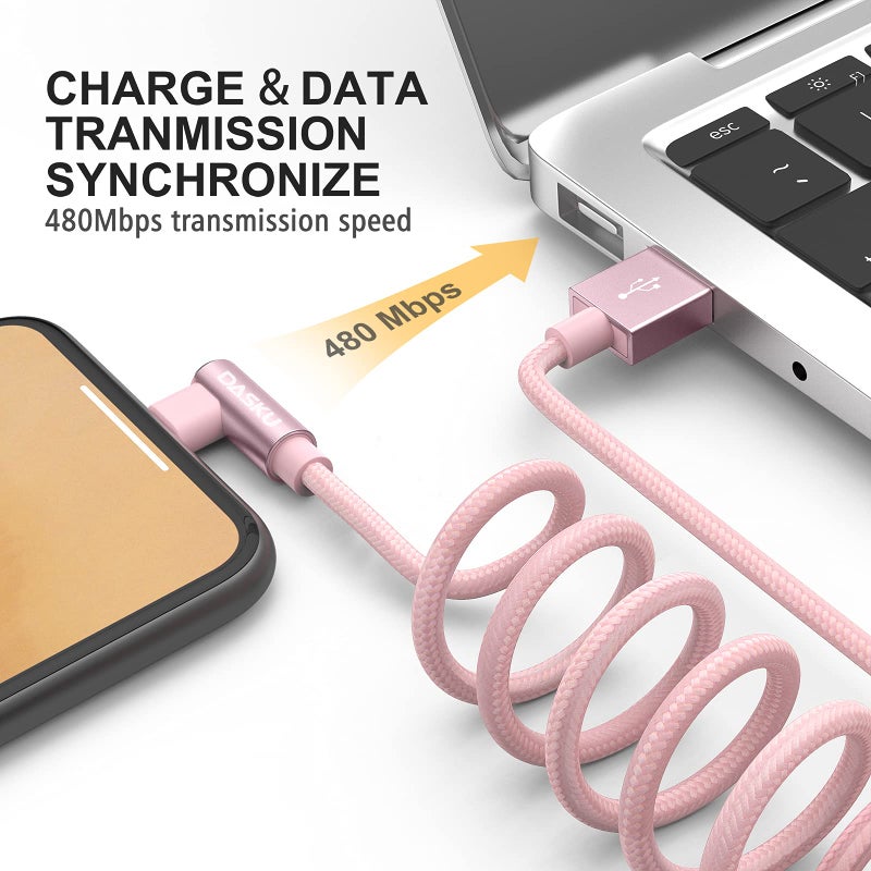 Dasku 2 Pack 90 Degree iPhone Charger 10Ft Mfi Certified Lightning Cable Right Angle Long Nylon briaded Cord Compatible with Apple iPhone 14 13 12 11 Pro Max XS XR X 8 7 6 5 Plus iPad (Pink) - Image 3