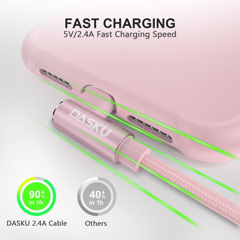 Dasku 2 Pack 90 Degree iPhone Charger 10Ft Mfi Certified Lightning Cable Right Angle Long Nylon briaded Cord Compatible with Apple iPhone 14 13 12 11 Pro Max XS XR X 8 7 6 5 Plus iPad (Pink) - Image 2