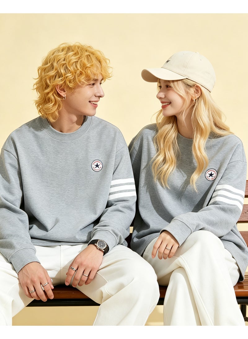 Converse Casual Crew Neck Long Sleeve Sweatshirt, Loose Fit Couple Sweatshirt, Daily Streetwear for Men & Women, Light Grey - Image 2