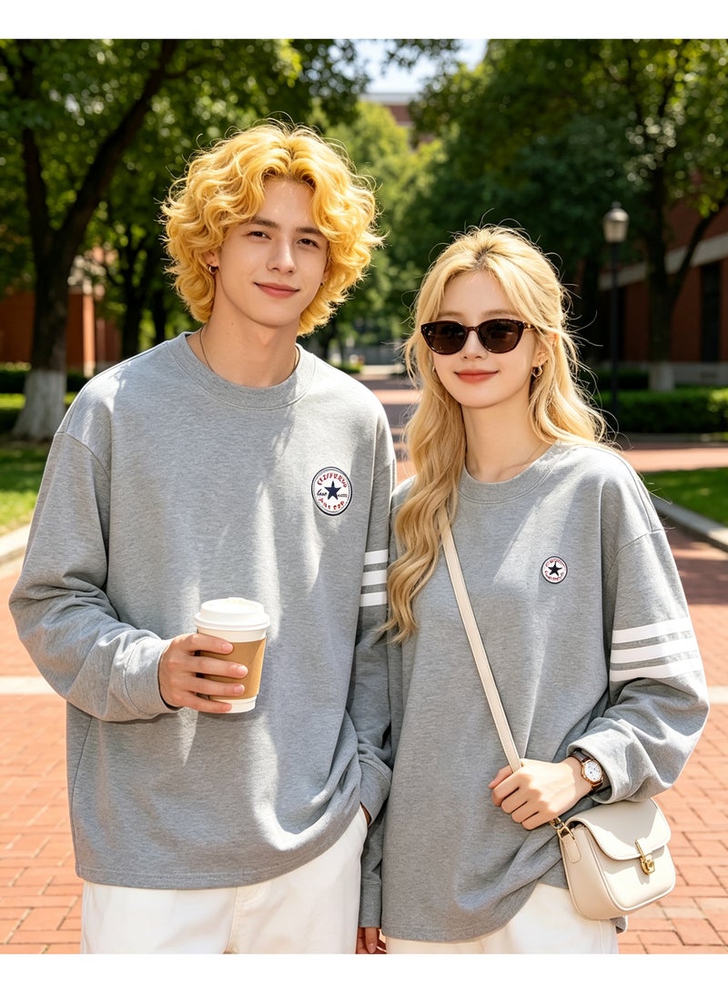 Converse Casual Crew Neck Long Sleeve Sweatshirt, Loose Fit Couple Sweatshirt, Daily Streetwear for Men & Women, Light Grey - Image 4
